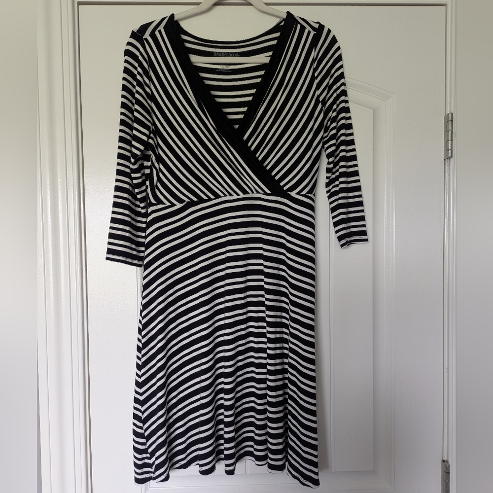 Motherhood Black and White Striped 3/4 Sleeve Mini Dress